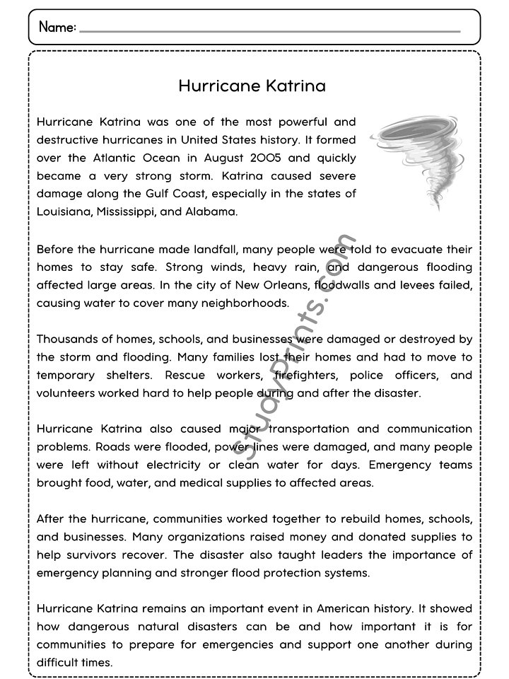 Hurricane Katrina Reading Comprehension Passage and Questions | Printable PDF product image (2)
