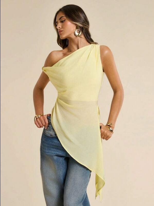 Soleil Asymmetric Pleated Wrap Blouse — Yellow product image (1)