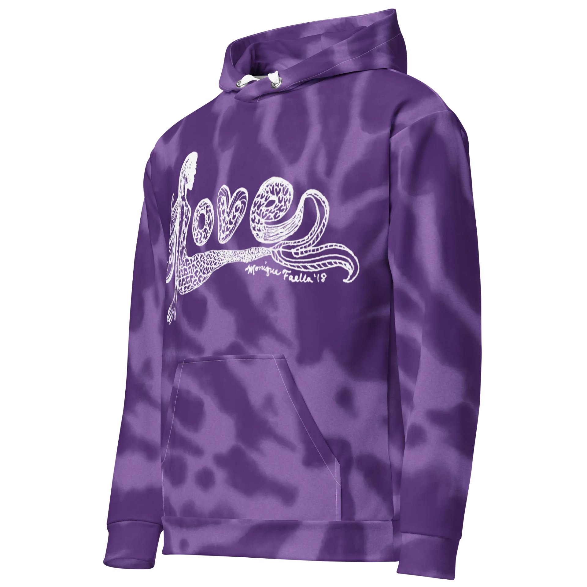 Mermaid Love | White on Purple | Comfy All-Over Print Unisex Hooded Sweatshirt | Ocean-Inspired | Monique Faella Designs™ product image (2)