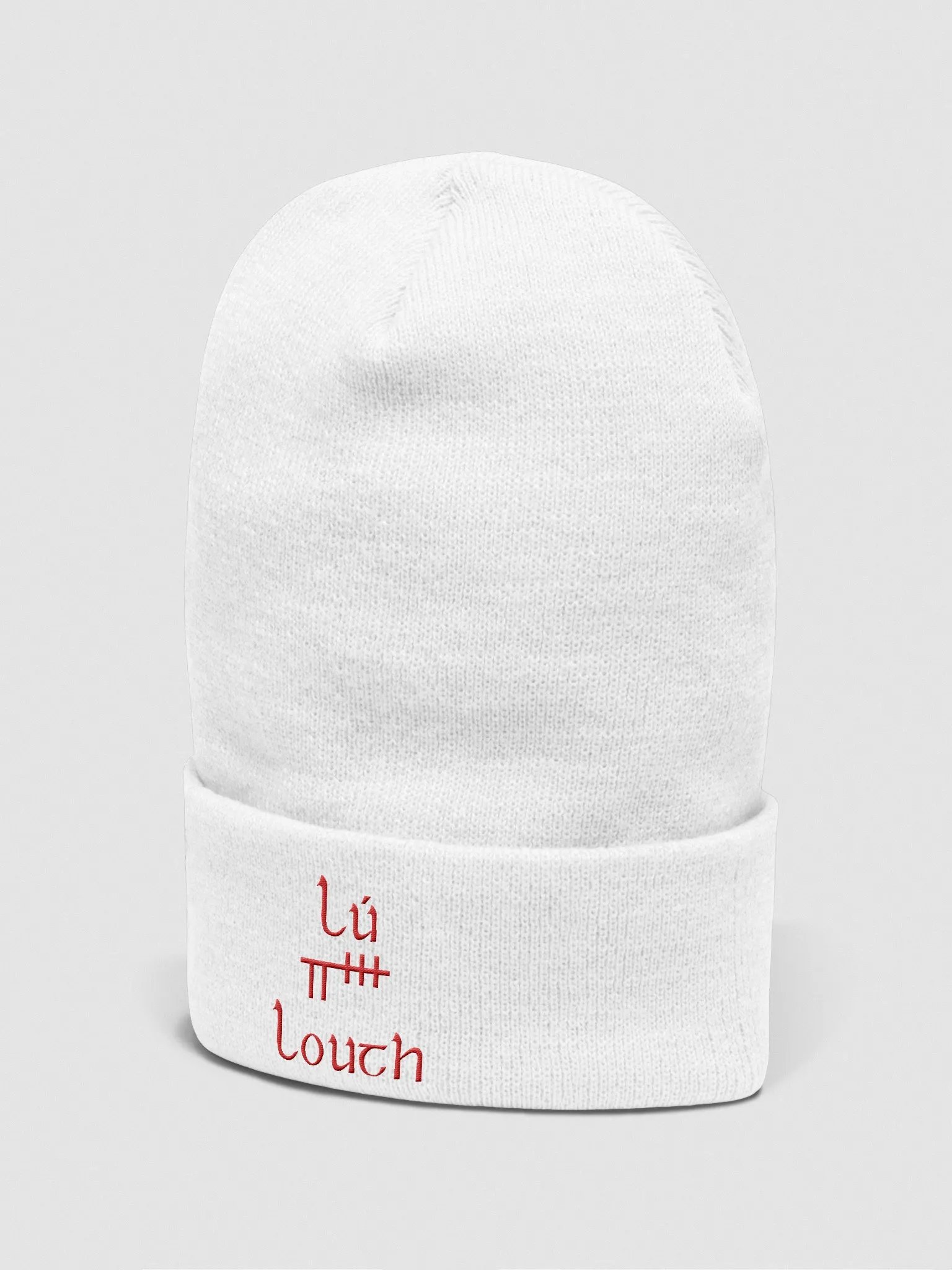 Louth/Lú Orthodox style Ogham, white with red, embroidered Cuffed Beanie product image (2)