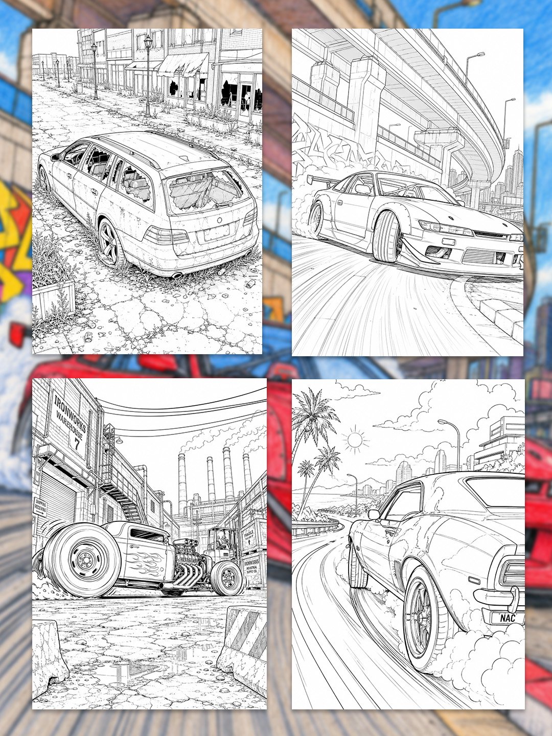 Car Coloring Pages Printable | 110+ Muscle, Drift, Hot Rod & Classic Car Designs | A4 Automotive Coloring Book product image (3)
