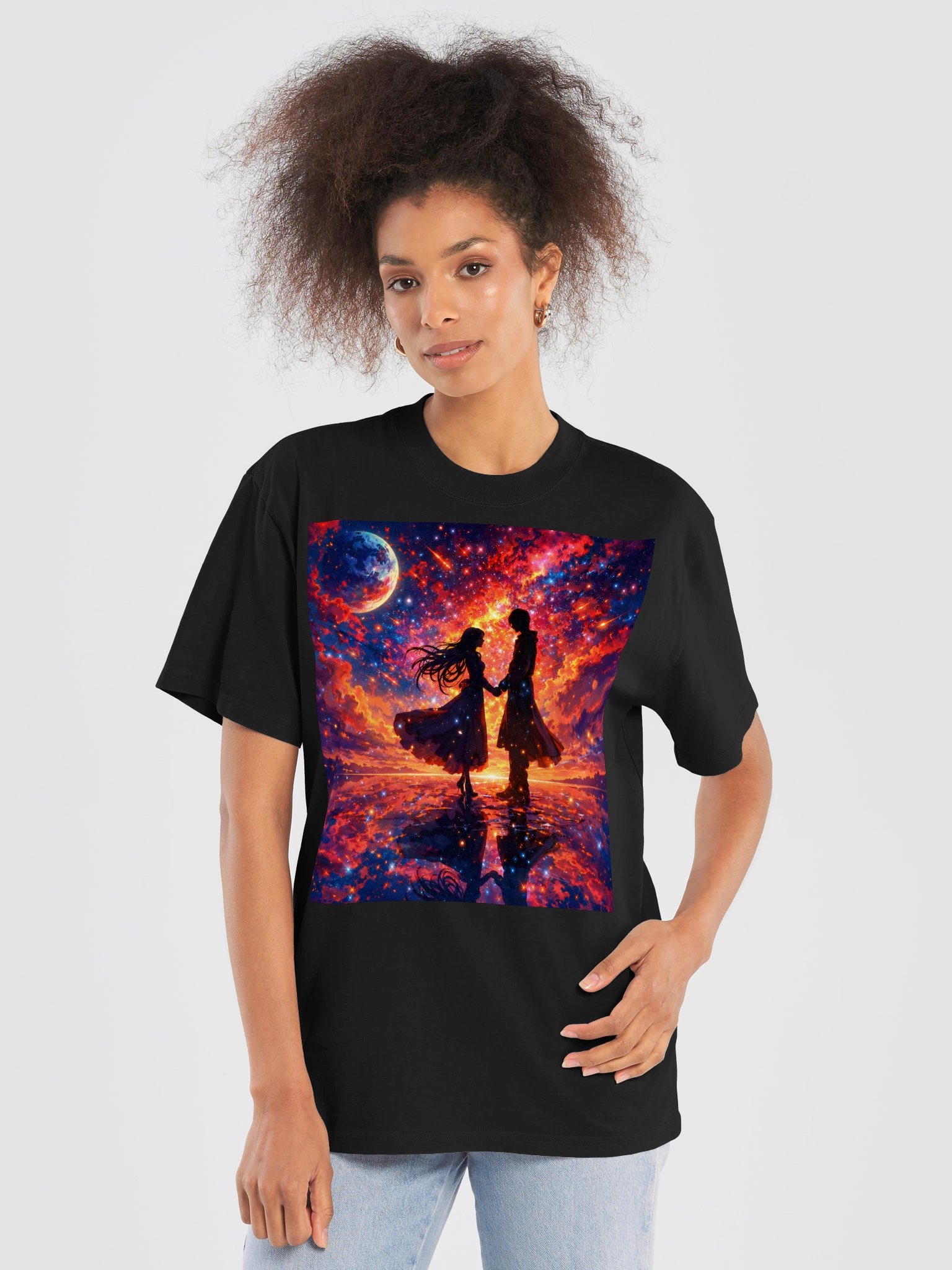 Cosmic Love Galaxy T-Shirt, Celestial Couple Space Art, Fantasy Romance Gift for Stargazers product image (5)