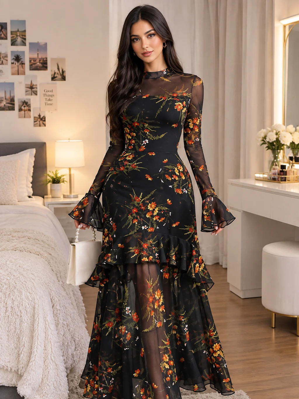 Women's Gothic Elegant Sexy Mesh Patchwork Colorful Floral Print Retro Flare Sleeve Ruffle Hem Layered Dress Vacation product image (1)