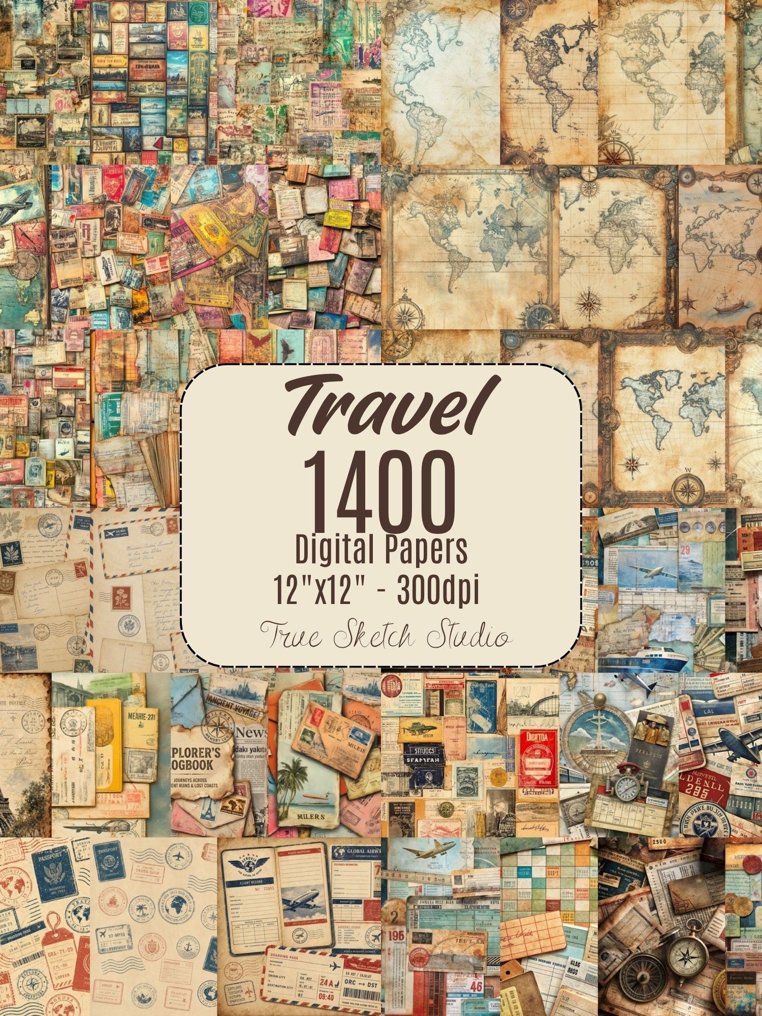 Vintage Travel Digital Paper 1400 product image (1)