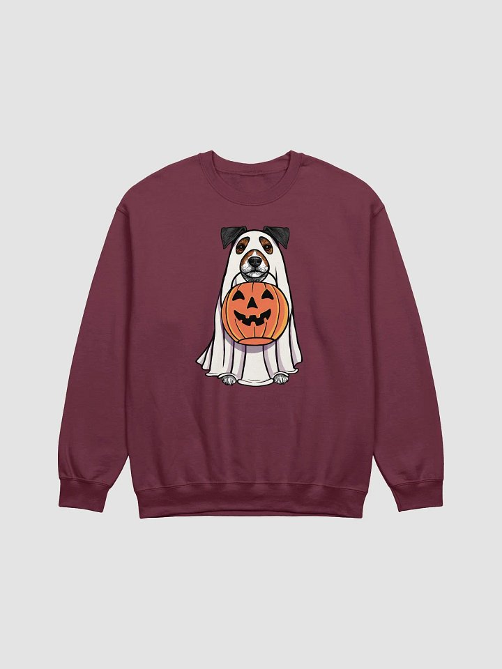 Funny Halloween Jack Russell Terrier(Grizzle) Sweatshirt | Funny JRT Wearing a Ghost Costume and Holding a Pumpkin Basket product image (1)