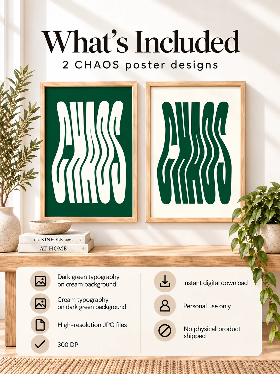 CHAOS Wavy Typography Poster, Green Cream Retro Print, Funky Modern Wall Art, Bold Digital Download, Groovy Decor product image (2)