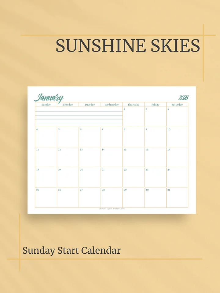 Sunshine Skies 2026 Calendar - Single Page per Month, Sunday Start, Letter Size product image (1)