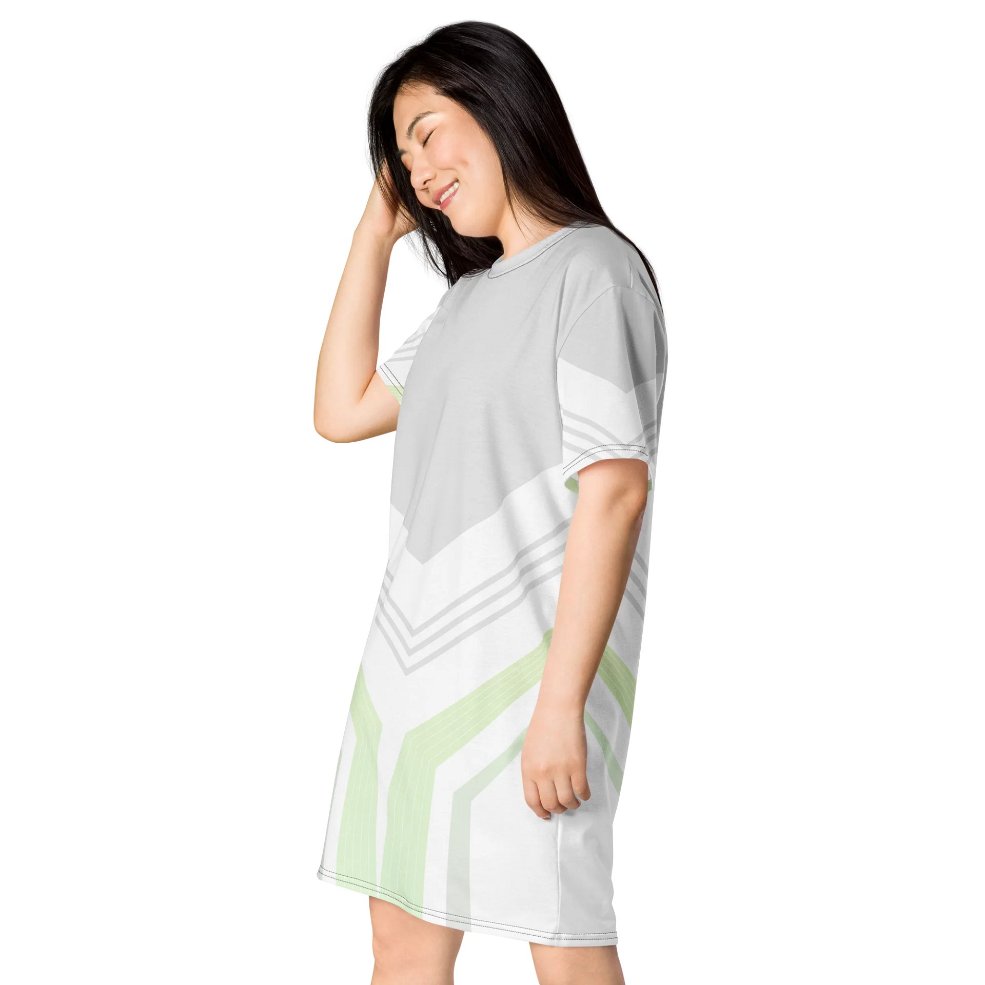 Trendy Geometric Pattern T-Shirt Dress - Light Gray with Green & White Accents - Oversized Fit product image (3)