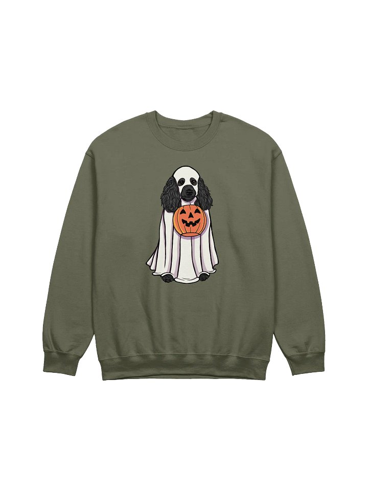 Funny Halloween Poodle(Black) Sweatshirt | Funny Papillon Wearing a Ghost Costume and Holding a Pumpkin Basket product image (1)