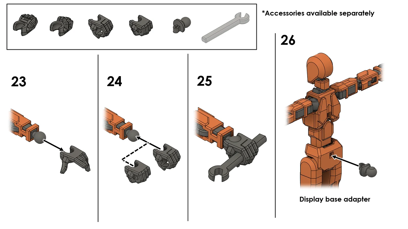 Dummy 13 assembly, steps 23 to 26: hands, accessories and display base adapter