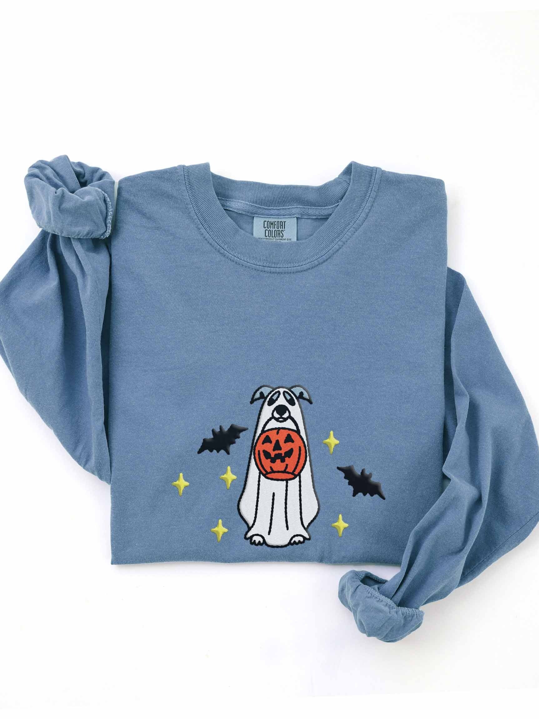 Halloween Greyhound(Blue & White) Embroidered Long-Sleeve T-Shirt product image (1)