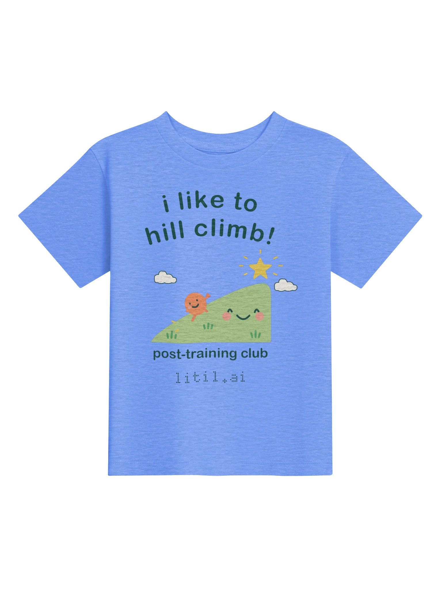 Front of the Heather Columbia Blue toddler i like to hill climb! tee