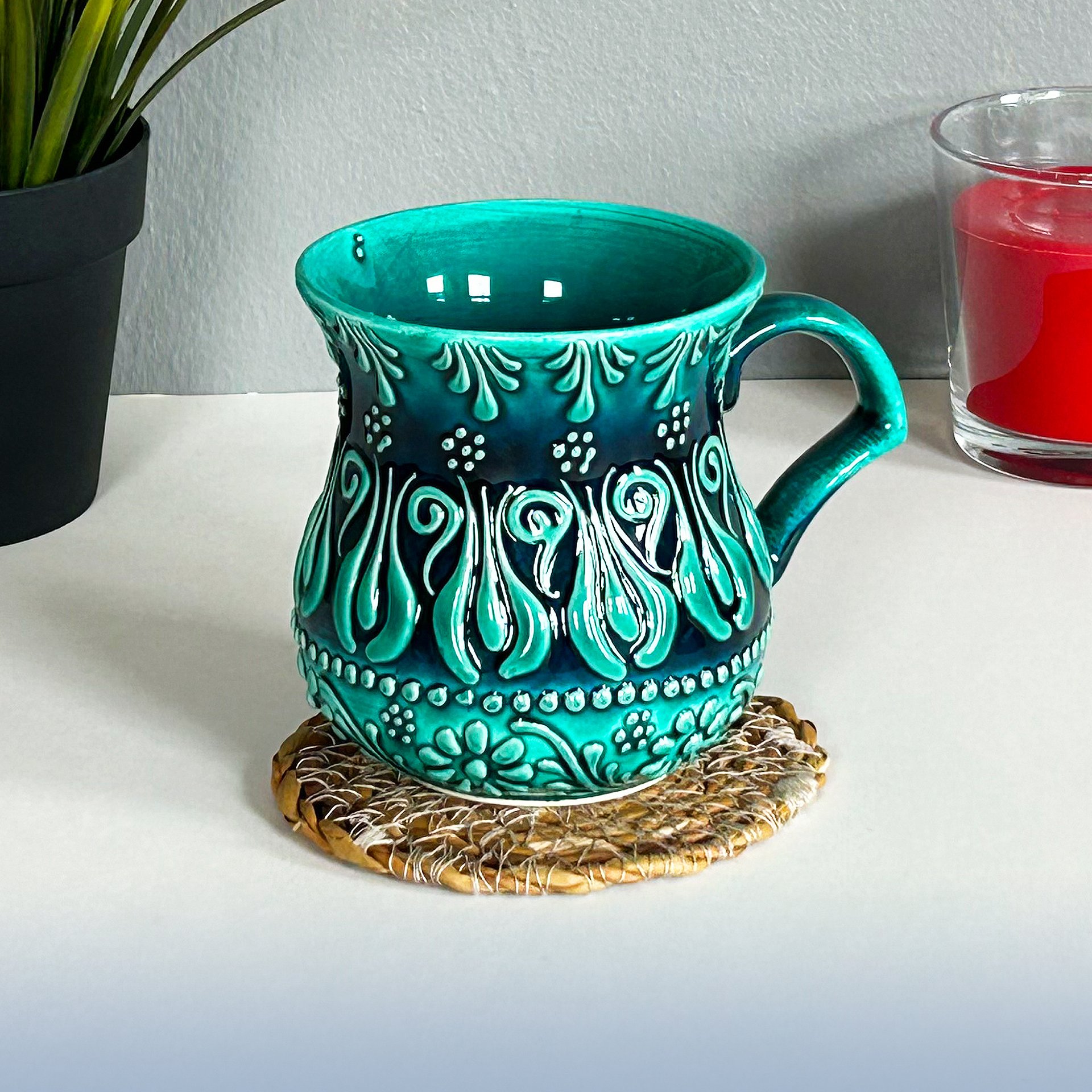 Ceramic milk/ayran cup, turquoise/green/emerald mug — handmade pottery, handmade ceramic, home decor, handmade gift, Turkish ceramic product image (3)