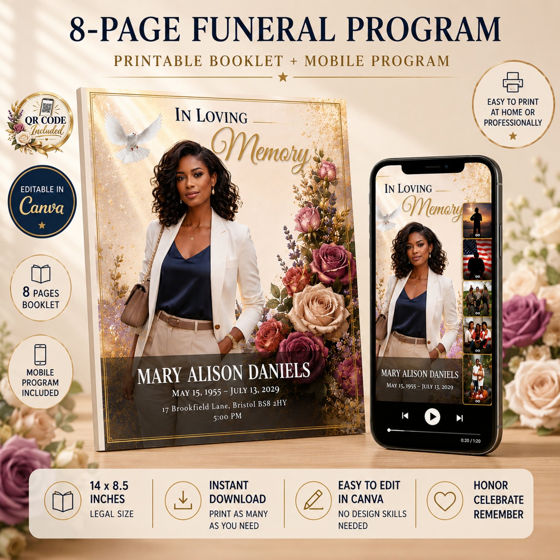 Celebration of Life Obituary Template for Woman – 8 Page Canva Funeral Program product image (1)