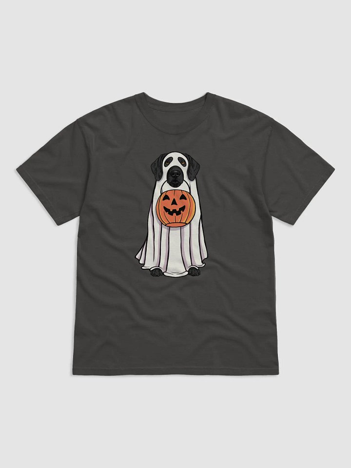 Funny Halloween German Shorthaired Pointer(Black) T-Shirt | Funny GSP Wearing a Ghost Costume and Holding a Pumpkin Basket product image (1)