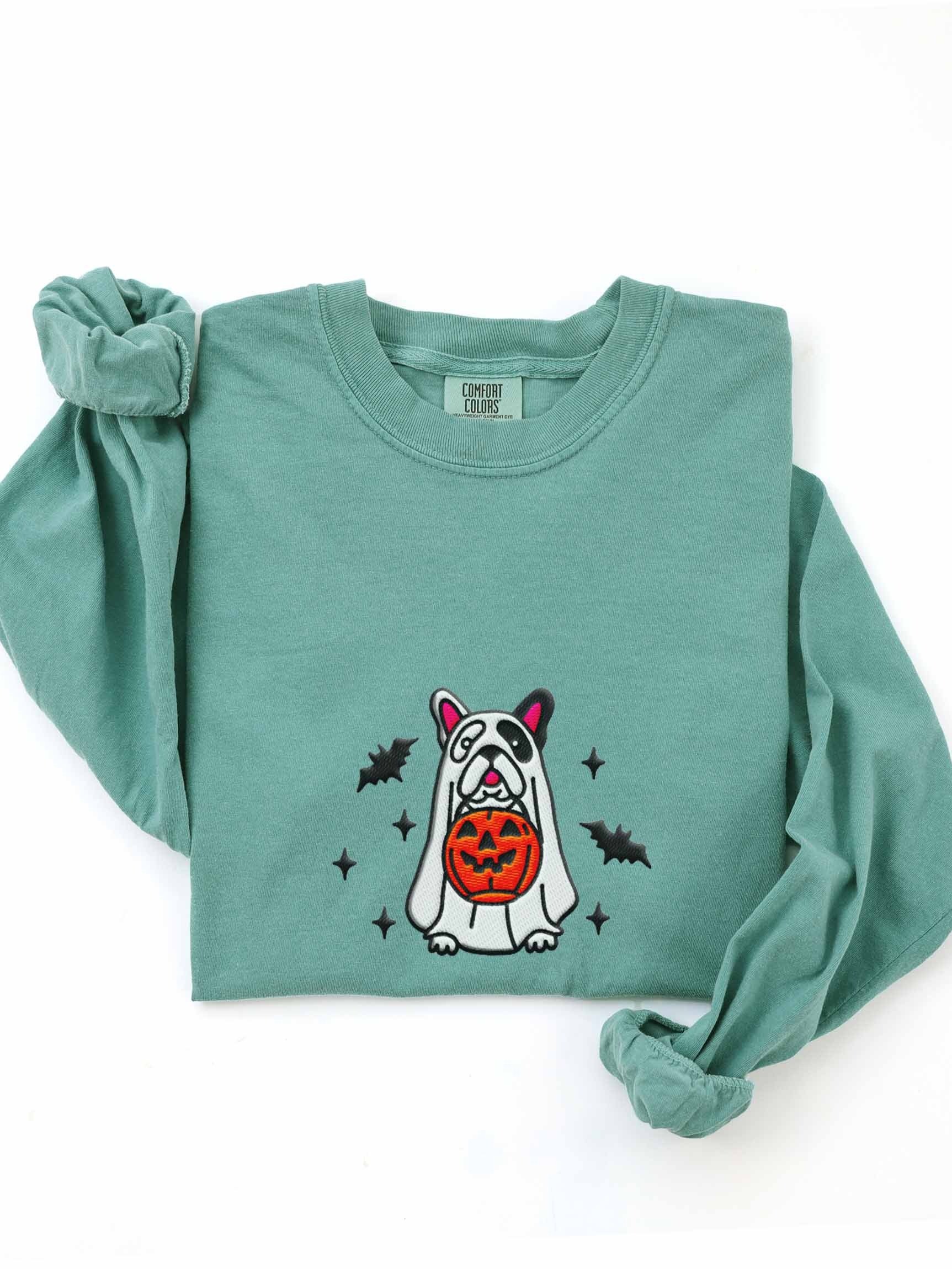 Halloween French Bulldog(Pied, Black & White) Embroidered Long-Sleeve T-Shirt product image (1)