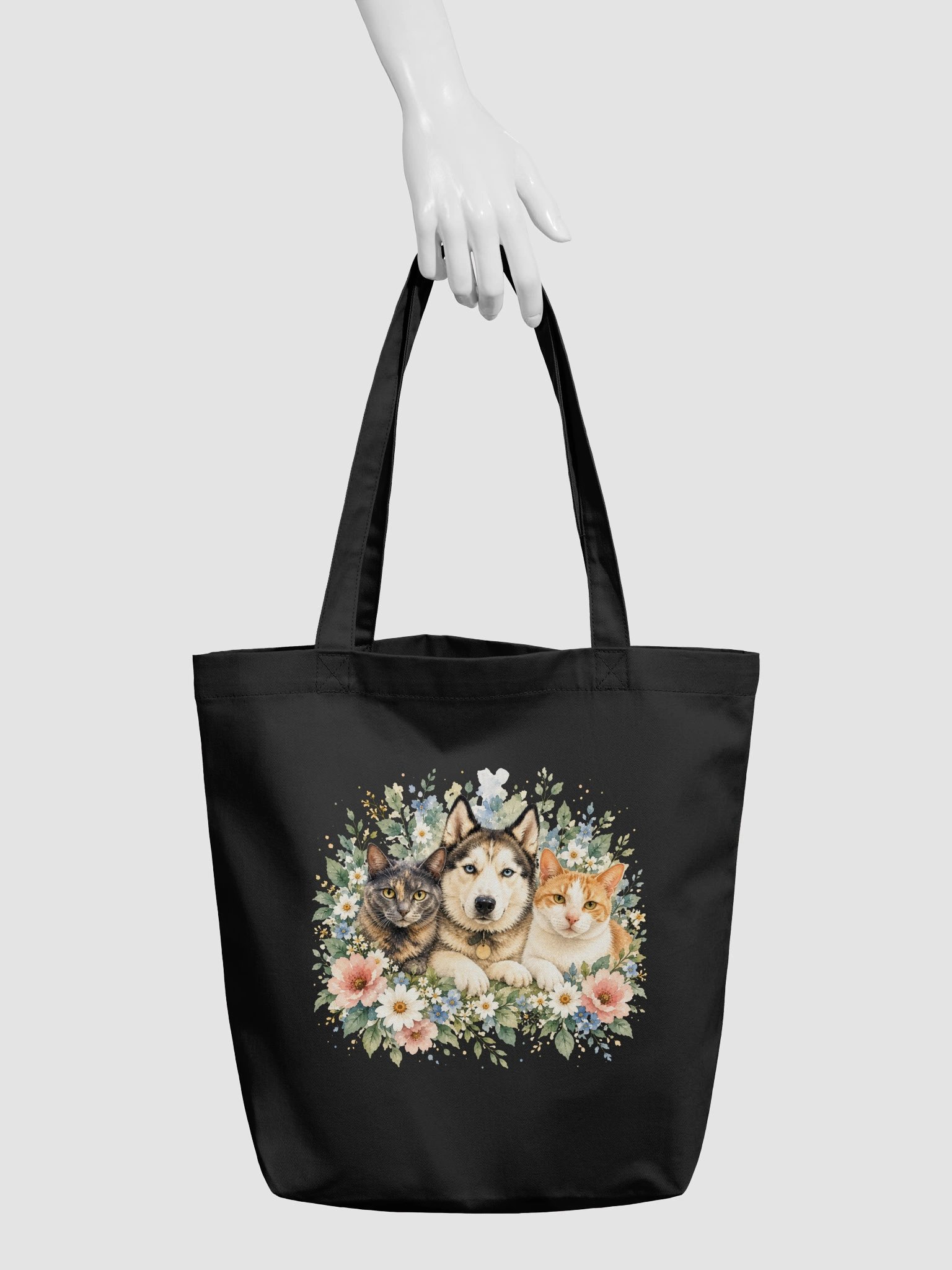 Floral Husky and Cats Reusable Tote Bag product image (5)