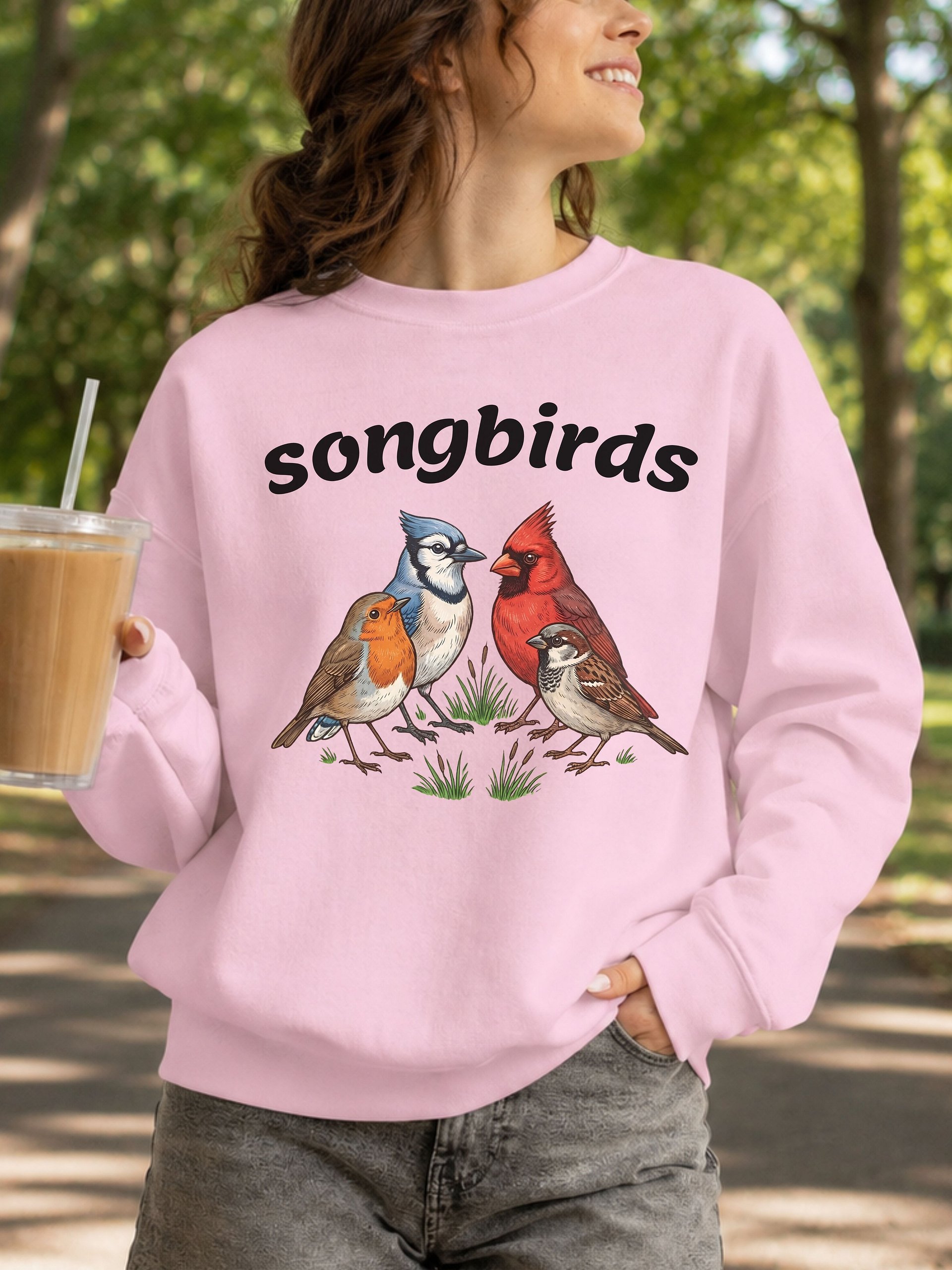 Songbirds Backyard Birds Crewneck Sweatshirt – Colorful Robin, Blue Jay & Cardinal Pullover product image (2)