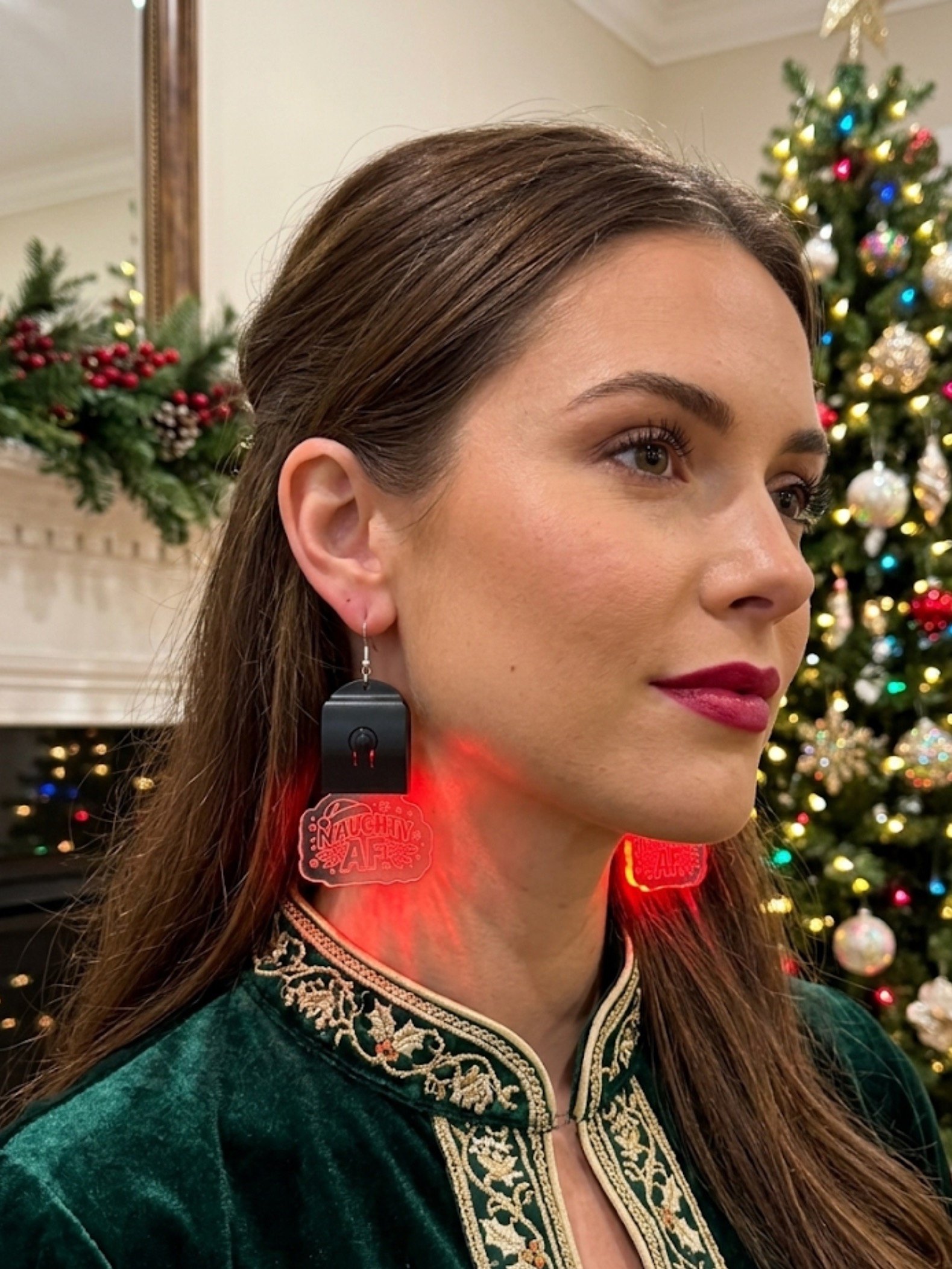 Naughty AF Christmas Earrings | Glowing Neon Acrylic Holiday Jewelry for Models & Parties | Festive Red LED Earrings product image (3)