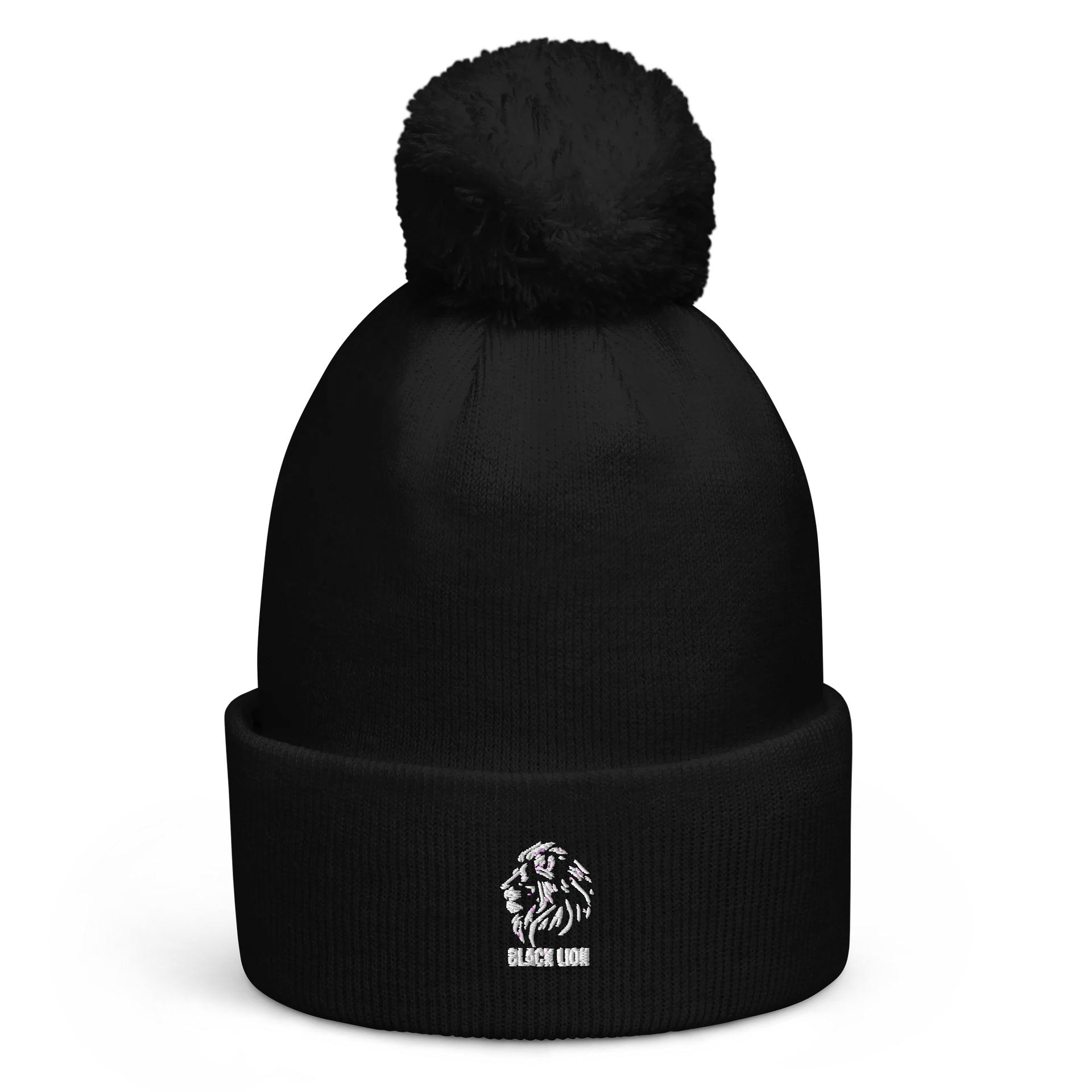 Black Lion Signature Pom-Pom Embroidered Cuffed Beanie – Premium Winter Knit Headwear product image (1)