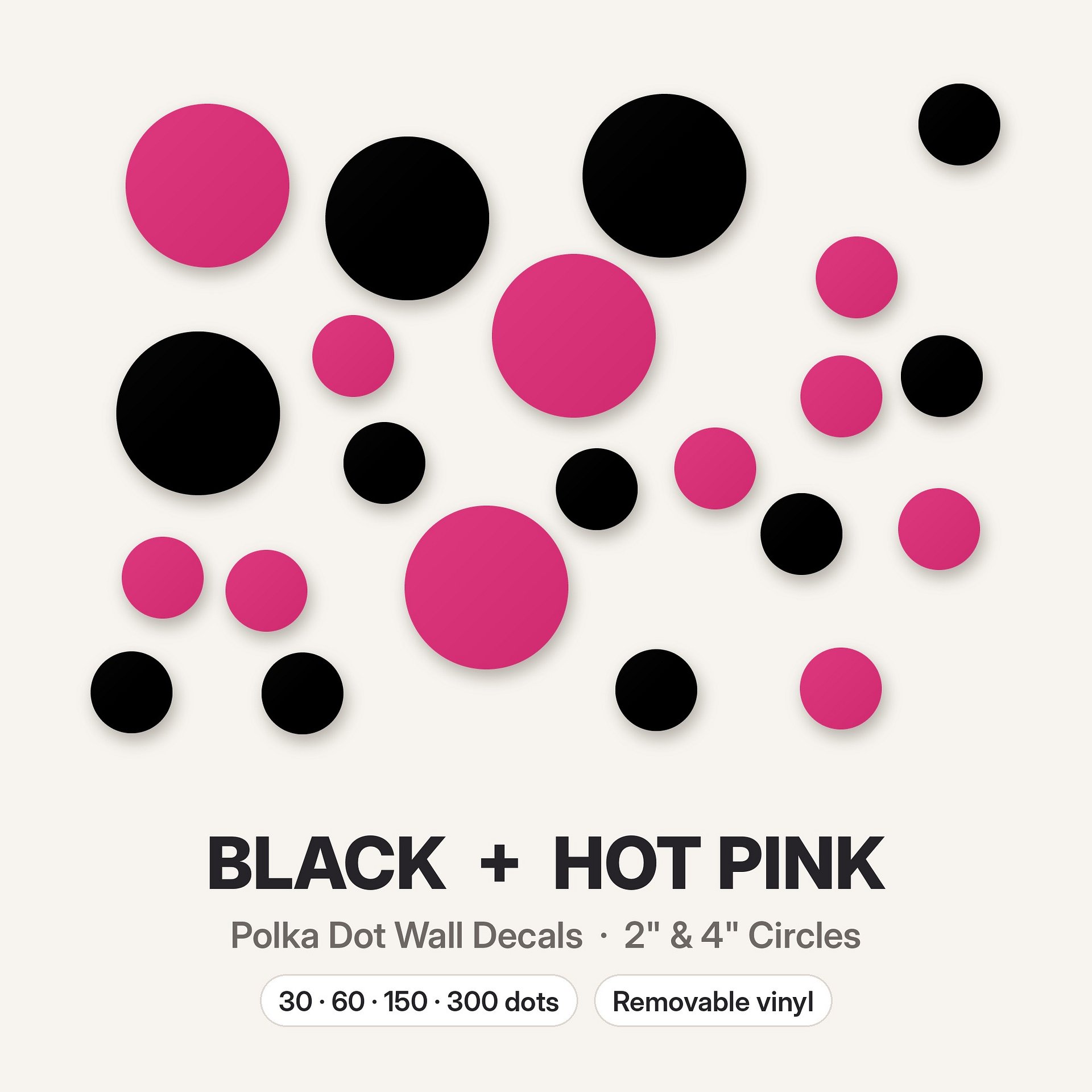 Black and Hot Pink Polka Dot Wall Decals, 2" and 4" Vinyl Circle Stickers, Removable Dot Decals for Nursery, Kids Room, Playroom product image (3)