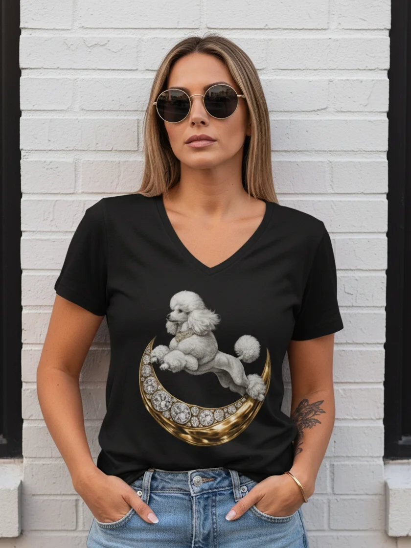 Moon White Poodle V-Neck Tee | Poodle Empire product image (1)