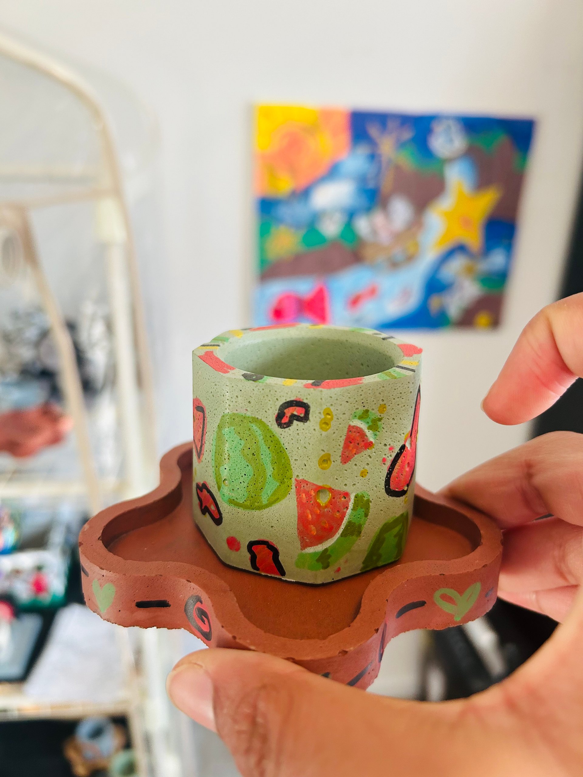 Watermelon splash 1-1 original painted cement plant pot and tray product image (1)