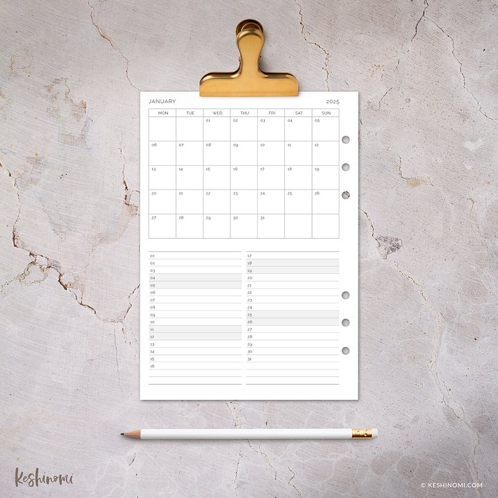 DATED 2025 Month on One Page - A5 Printable Planner Insert product image (2)
