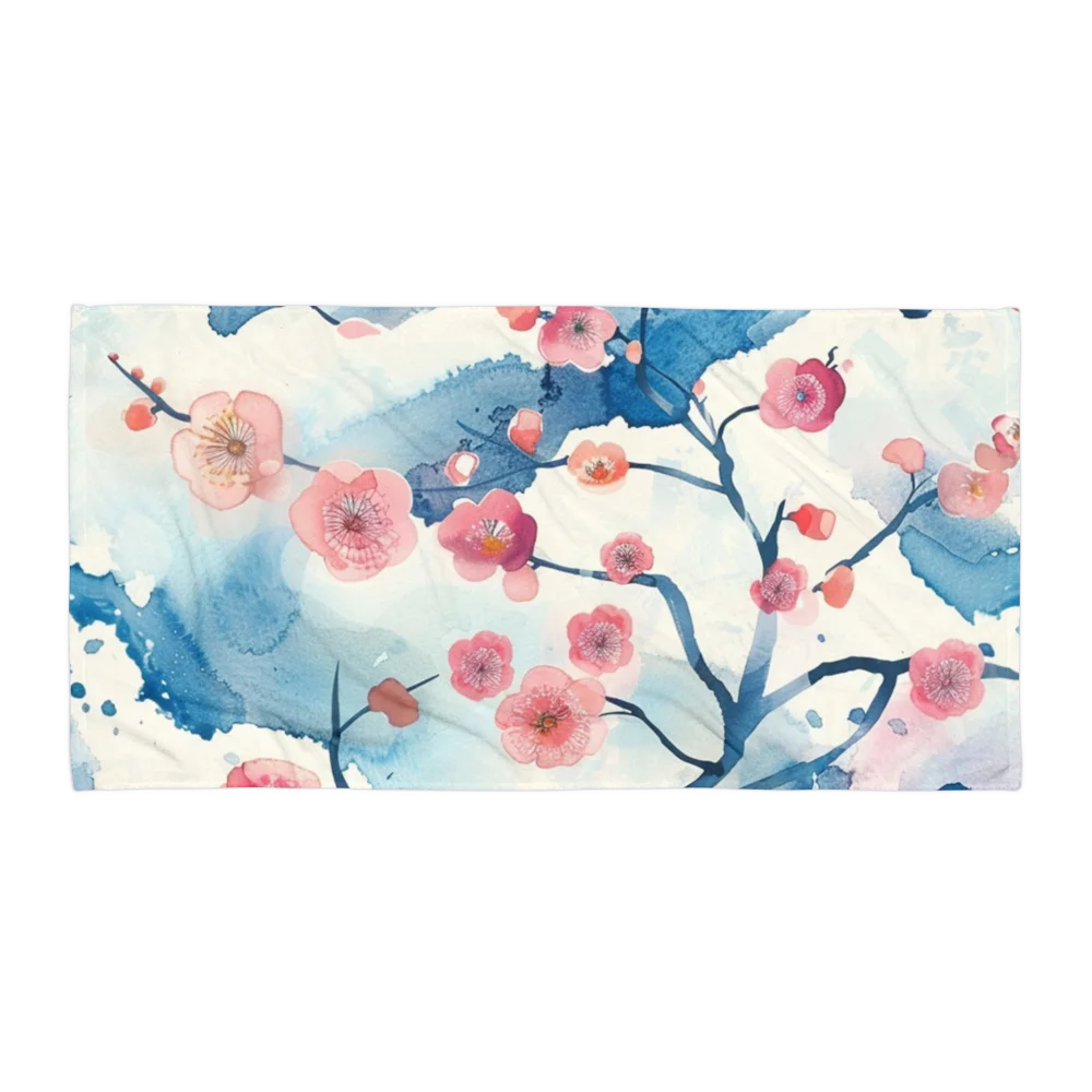 Traditional Japanese Watercolor Beach Towel - Pink Plum Blossom Towel product image (1)