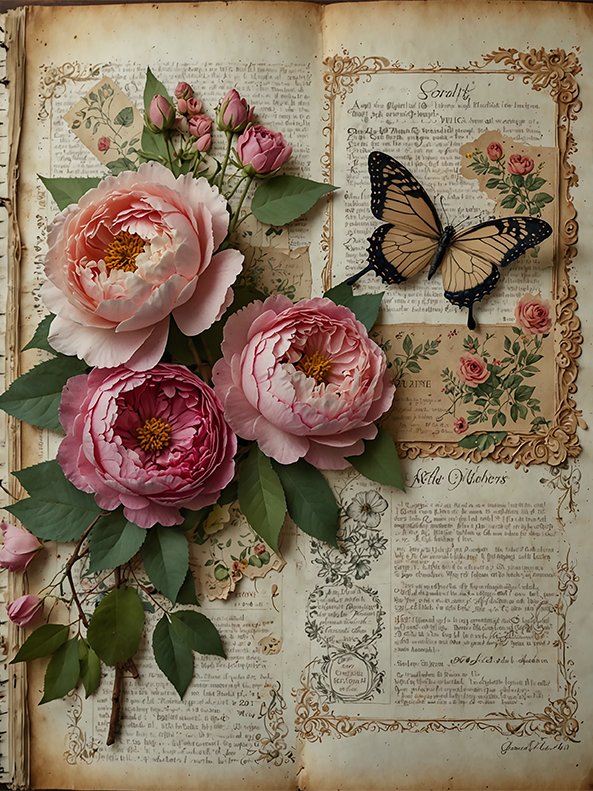 Set of 8 Antique Book Pages with Garden Roses No.R245 product image (4)