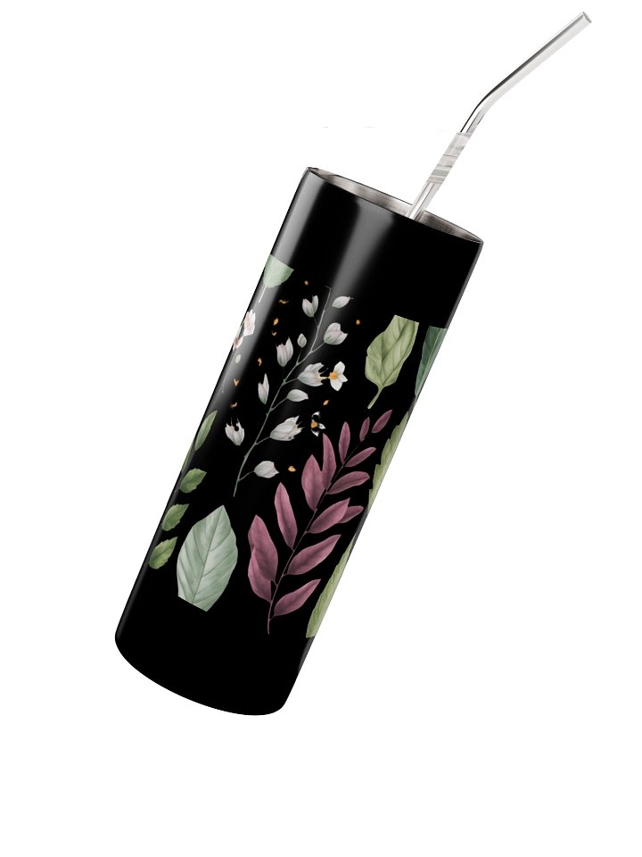 Black Botanical Glass Tumbler with Stainless Steel Straw – Elegant Nature-Inspired Drinkware product image (2)