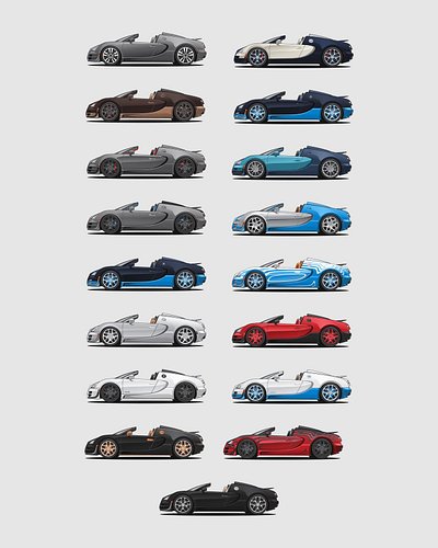 Full set of Veyron Grand Sport Vitesse currently in the USA 🇺🇸

#bugatti #veyron #vitesse #illustration