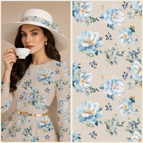 Blue floral seamless pattern for a vintage inspired tea dress, with watercolor blooms and green leaves on cream. Plan a femin...