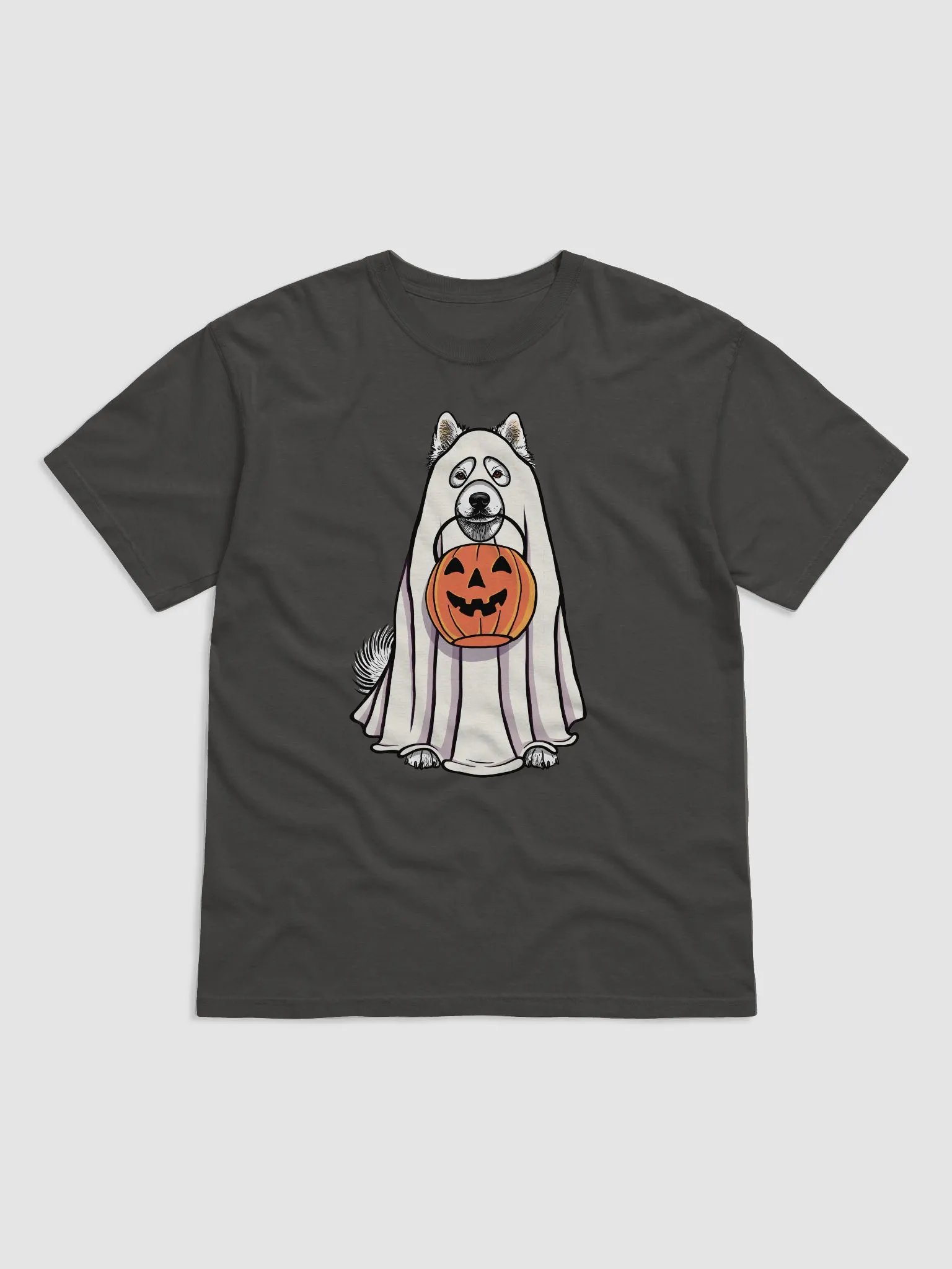 Funny Halloween Samoyed T-Shirt | Funny Dog Wearing a Ghost Costume and Holding a Pumpkin Basket product image (1)