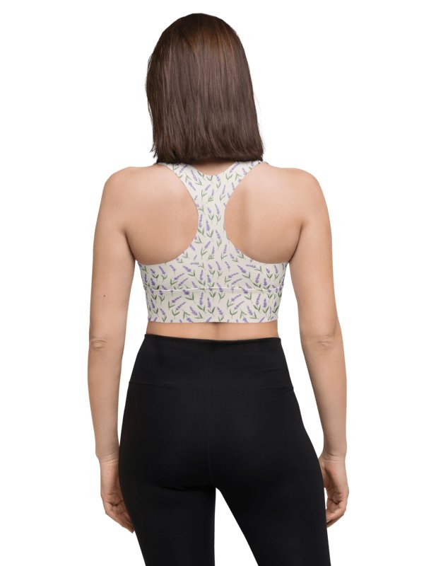 All-Over print recycled longline sports bra with lavender pattern on beige background product image (2)