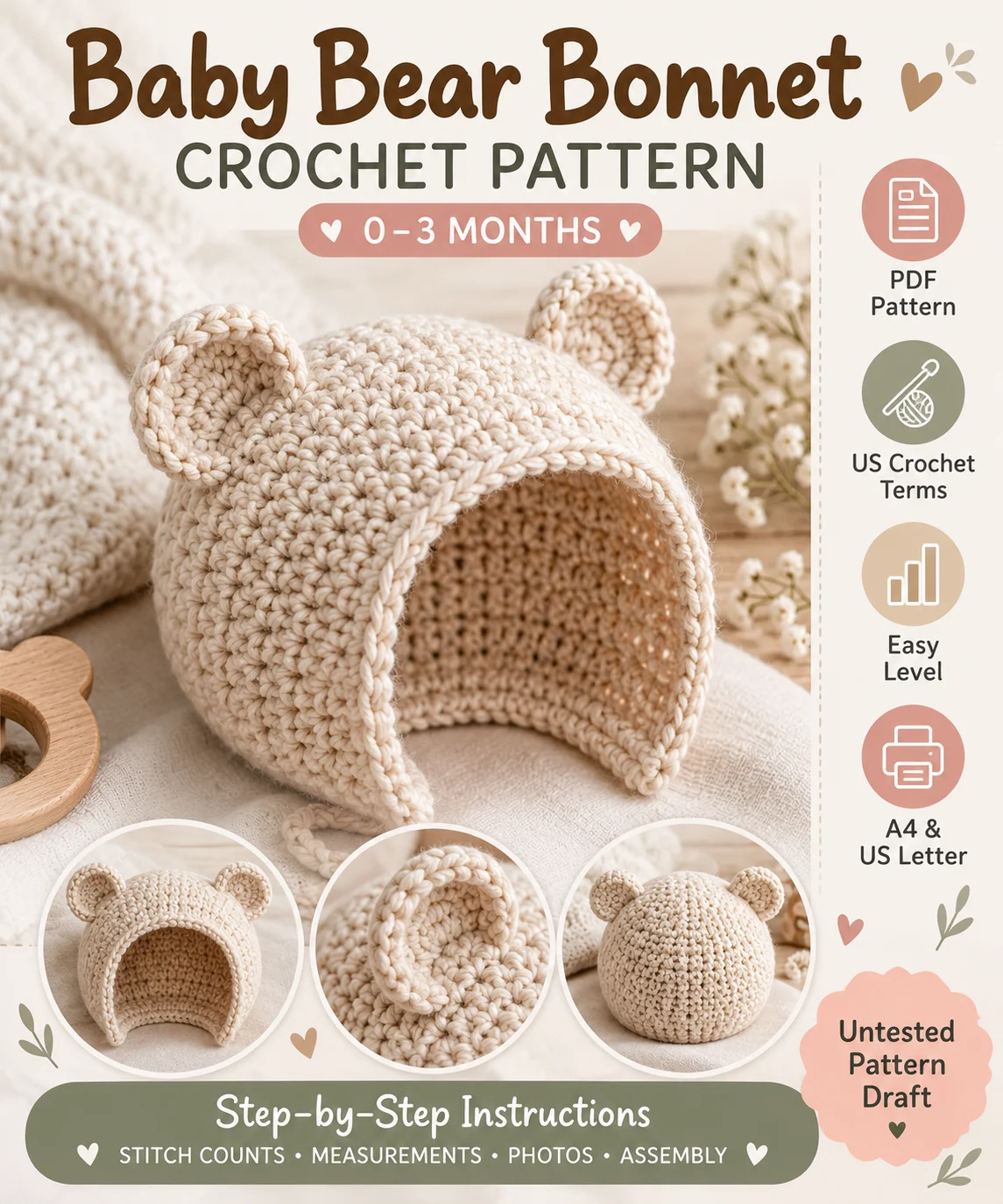 Baby Bear Bonnet Crochet Pattern PDF | 0–3 Months | Bear Ear Baby Hat product image (1)