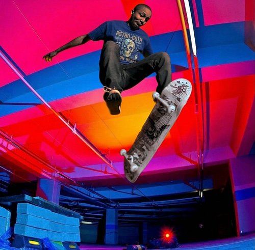 We are a haven for the bold and unconventional.

Magazine-worthy shot of Marquel Denkins, Tre-flip (while rocking Love Repo o...