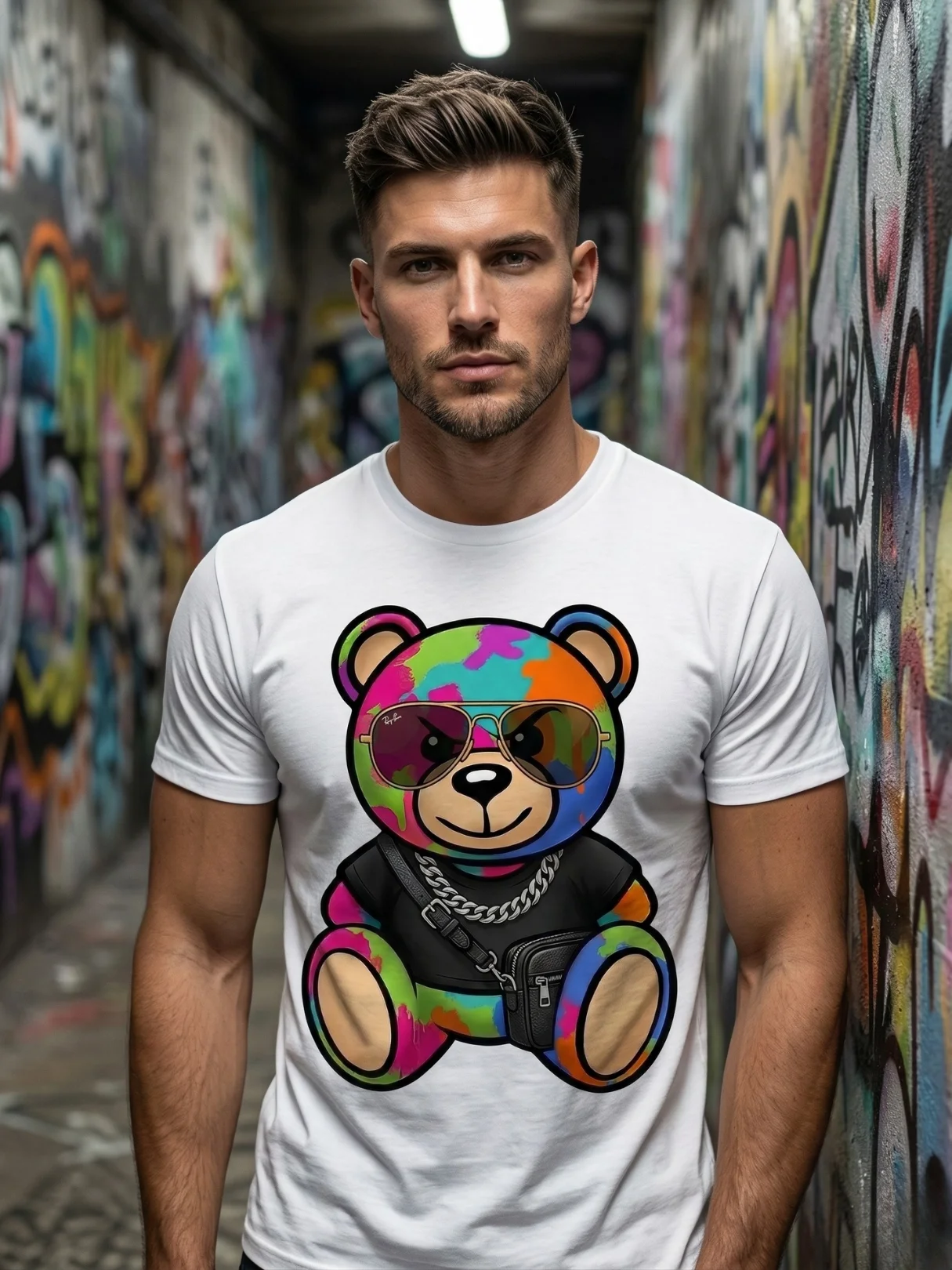 Graffiti Bear Streetwear Graphic Tee | Gold Chain Paint Splatter Urban Art | Hip Hop Collector Shirt product image (3)
