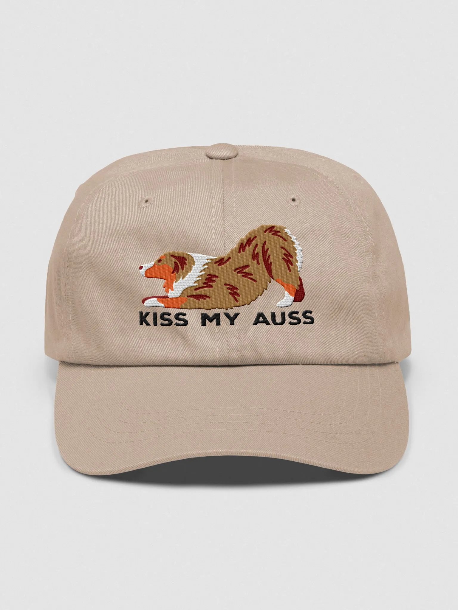 Kiss My Auss Classic Dad Hat(Embroidered) of an Australian Shepherd(Red Merle) product image (33)