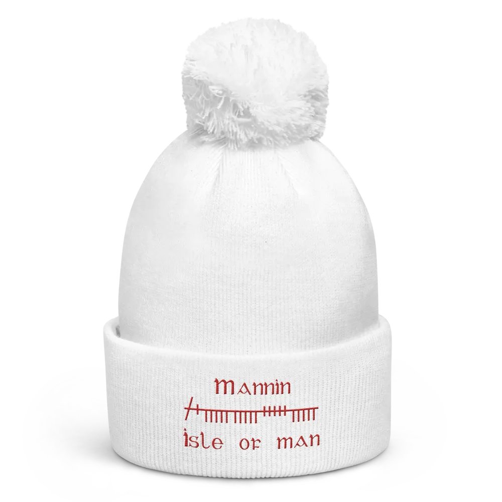 Isle of Man/Mannin Orthodox style Ogham, white with red, embroidered Pom-Pom Beanie product image (1)
