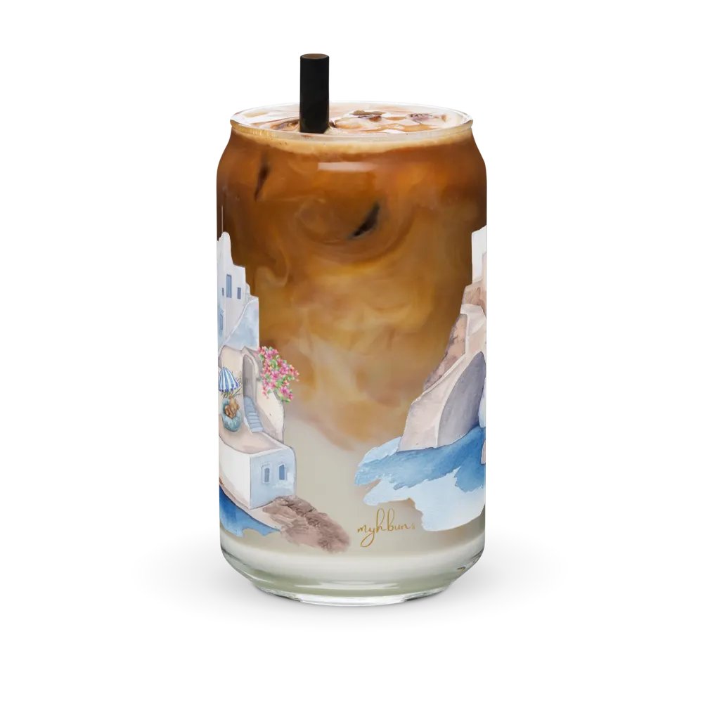 Santorini Dreaming Glass Can Tumbler | 16oz | Greek-Inspired Beverage Glass with Bamboo Lid & Straw product image (11)