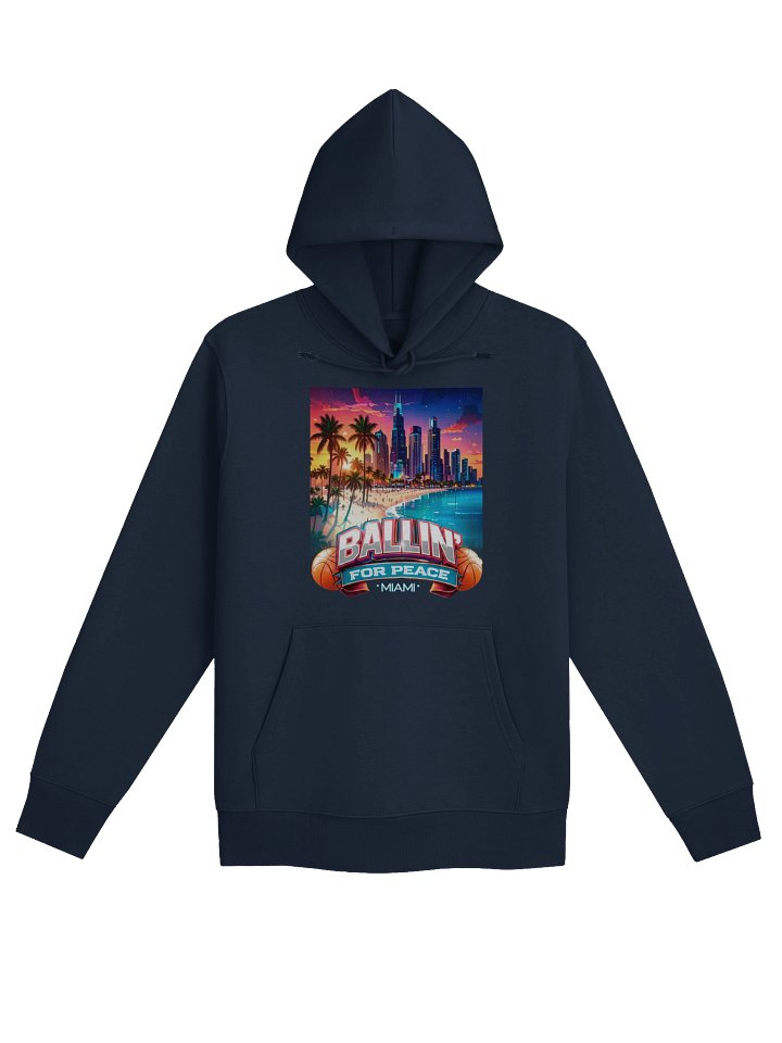Ballin’ For Peace Miami Unisex Hoodie – Tropical Basketball Streetwear Hoodie with Miami Skyline & Ocean Design product image (1)