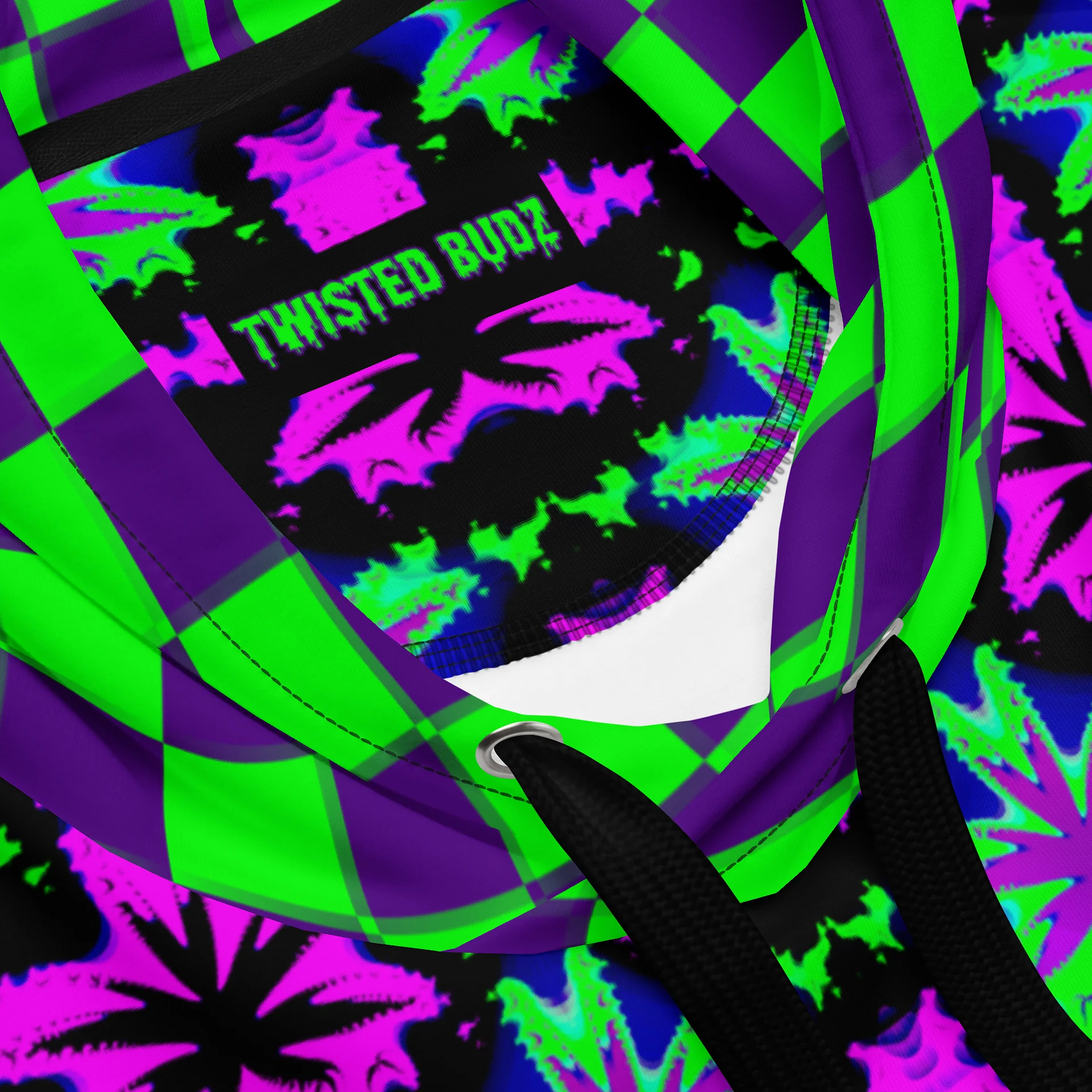 Pot Leaf 420 Festival Hoodie, Cannabis Clowncore Checkers Clothing, Neon Retro Raver Stoner Fashion, Twisted Techno Top, Weird Weed EDM Wear product image (9)