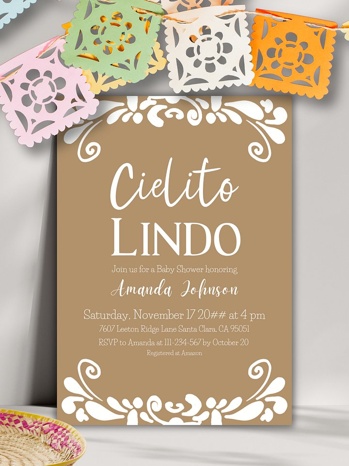 Cielito Lindo Baby Shower Invitation Template for your Talavera Inspired Mexican Fiesta Party - Beige Gender Neutral Printable Invite product image (1)