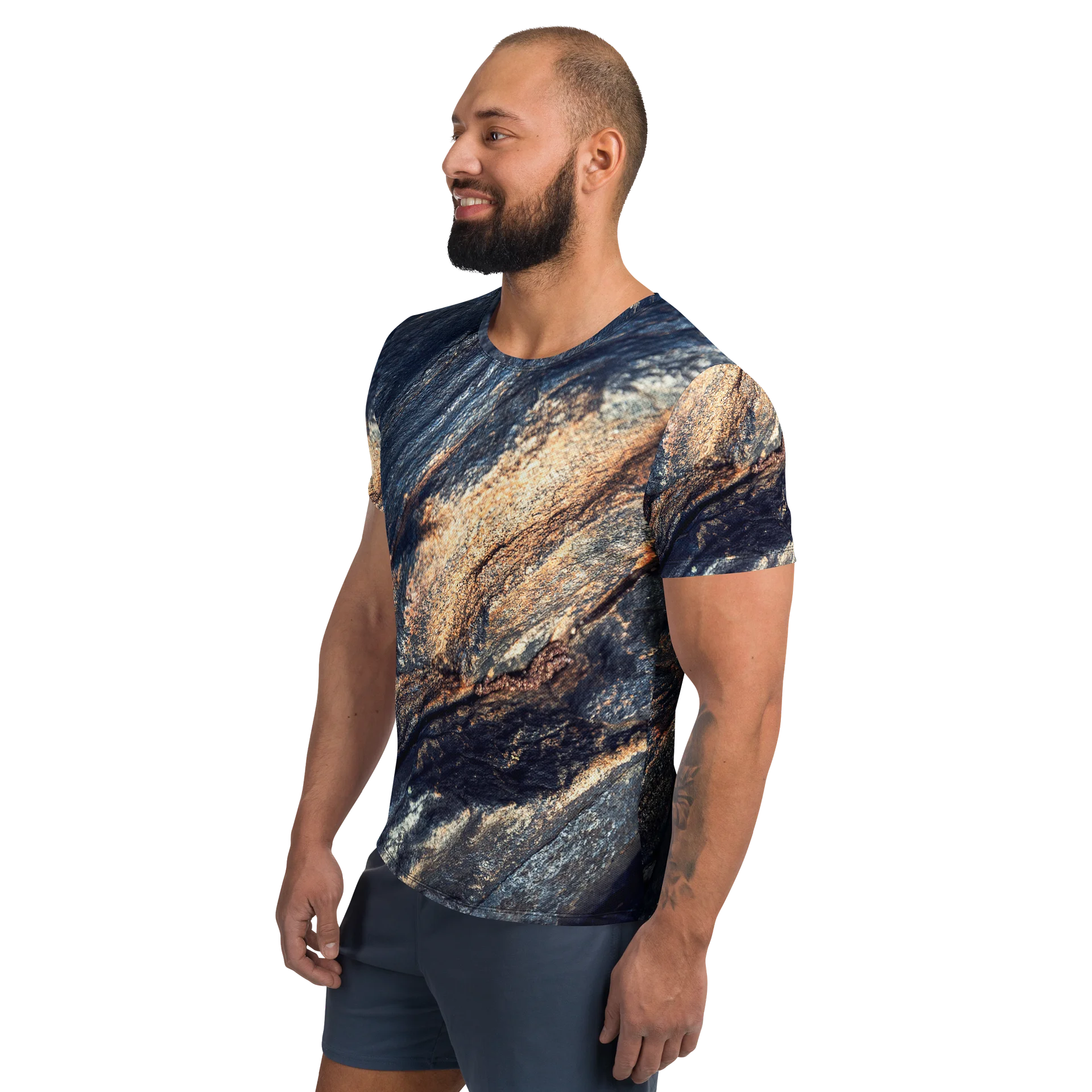 Obsidian Vein: All-Over Print Dark Slate & Gold Performance Tee product image (3)