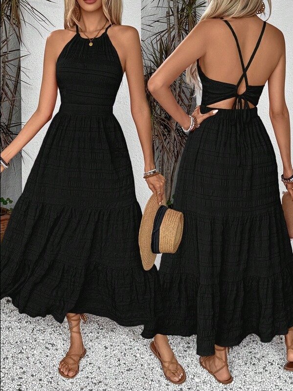 ADLEST Women's Casual Tie-Back Ruched Hem Long Dress Maxi Vacation Beach Outfit product image (1)