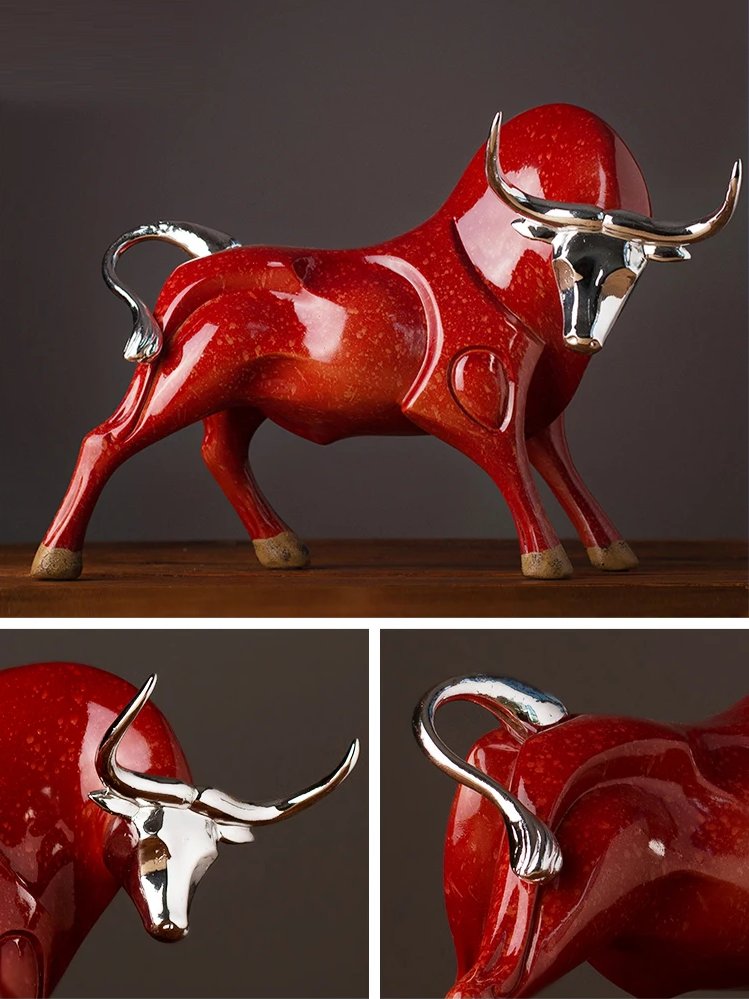Modern Bull Sculptures — Red & Black Resin Ox Statues for Home & Office Decor product image (6)