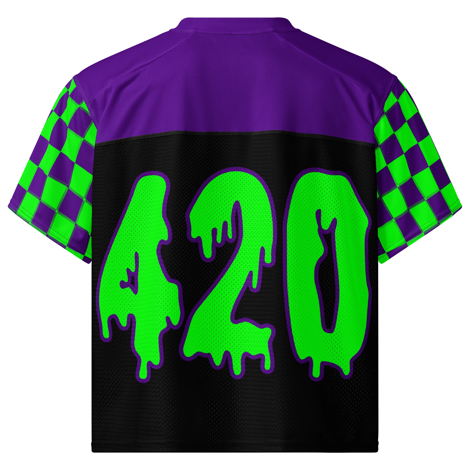 420 Rave Boxy Football Jersey, Twisted Cannabis Top, EDM Stoner Shirt, Weed Music Festival Fashion, Black Purple Neon Green Checkers Clothes product image (1)