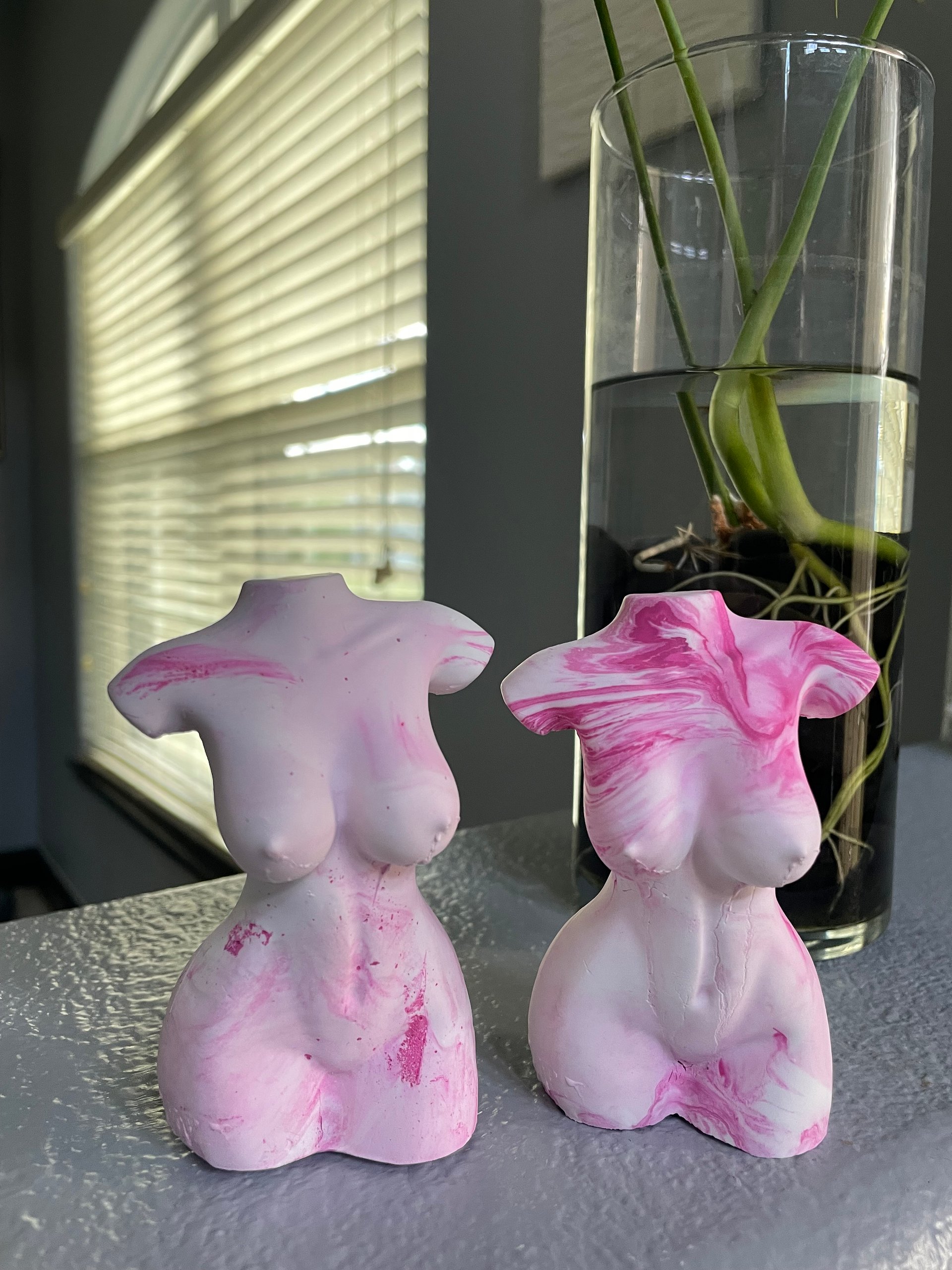 3.5" Ceramic Resin Pink and White Marble Torso Sculpture | Handmade Feminine Body Decor product image (1)