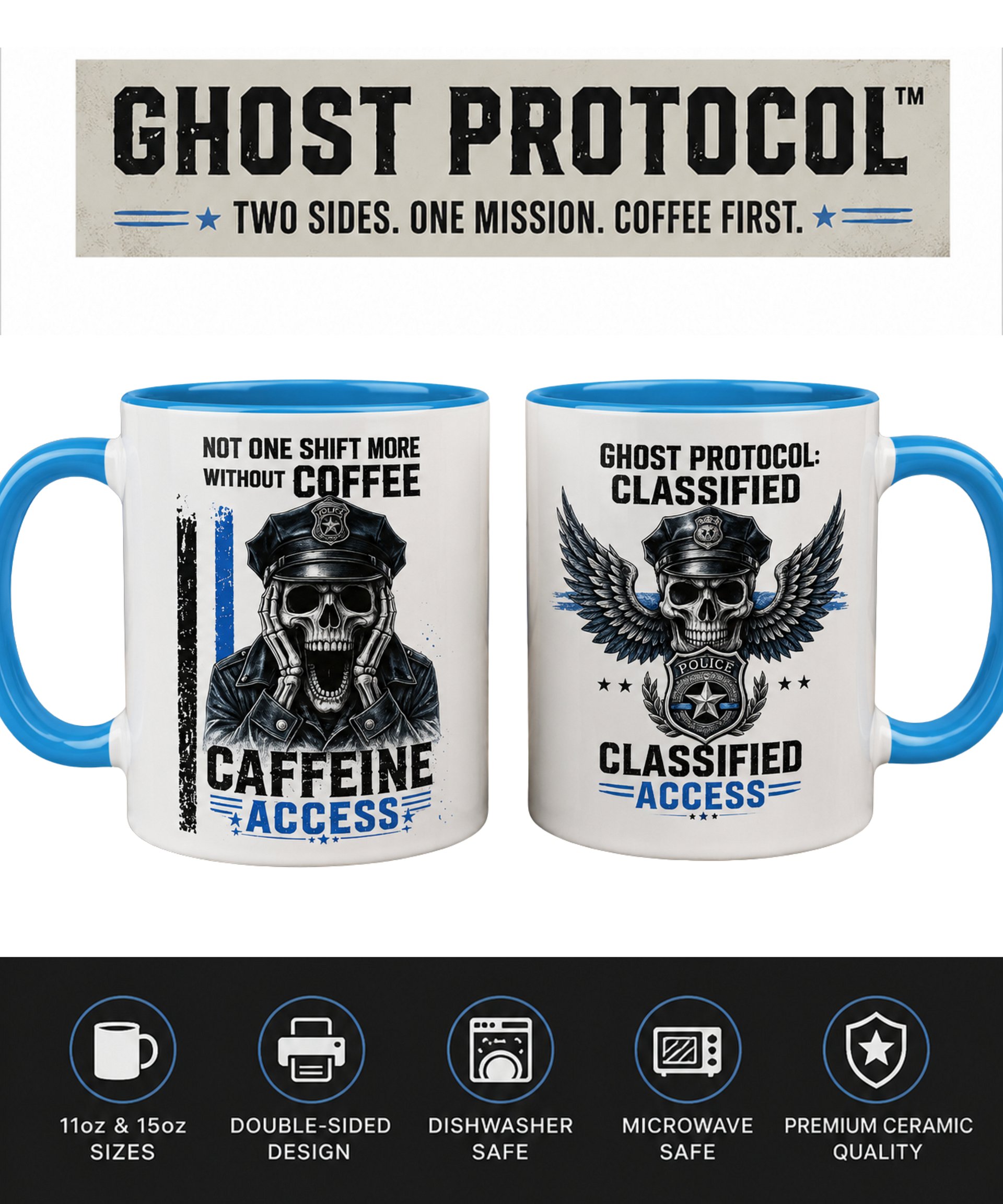 Funny Police Coffee Mug | Skeleton Cop Skull Cup | Thin Blue Line | 11oz & 15oz product image (1)